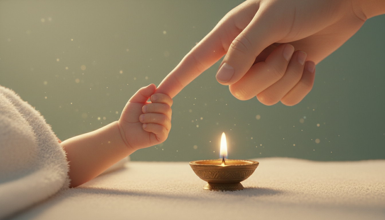 Illustration of a newborn's hand holding her mother's finger beside a glowing diya