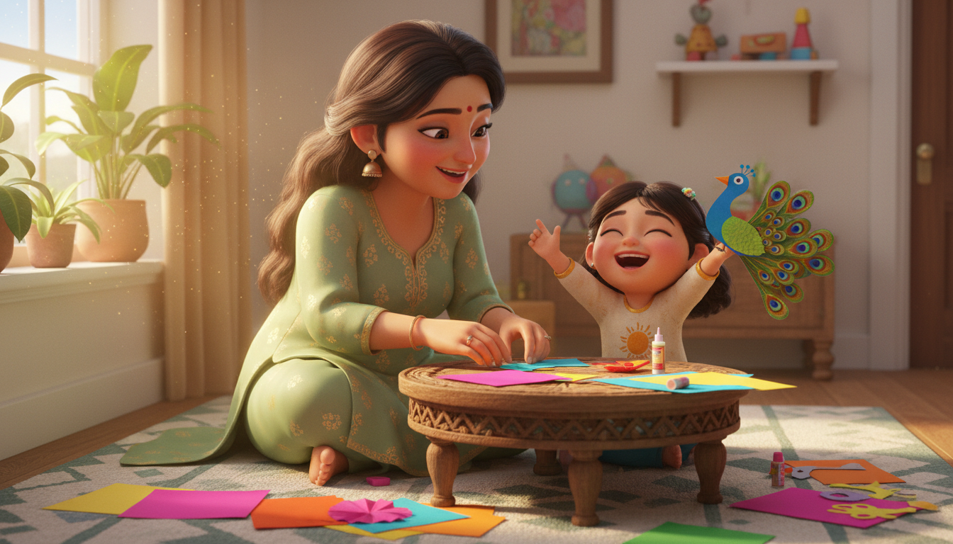 Illustration of a mother and young daughter doing a craft together
