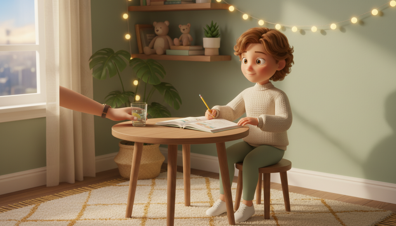 Illustration of a child settling into a calm homework corner