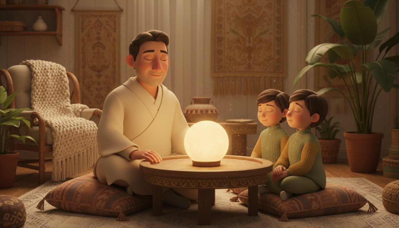Illustration of a family sharing a quiet moment around a small glowing lamp