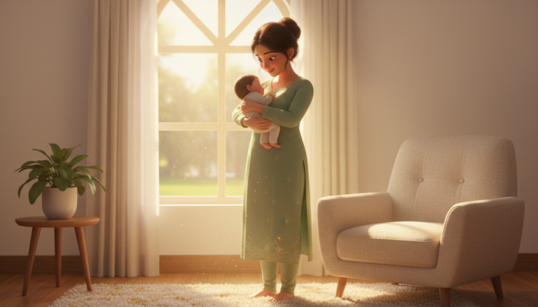 Illustration of a mother holding her newborn daughter by a sunlit window