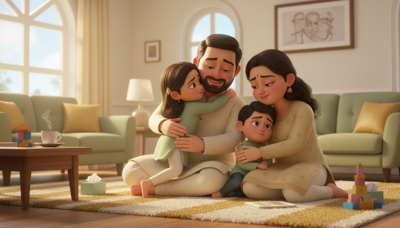 Illustration of a family reconnecting together on a living-room rug