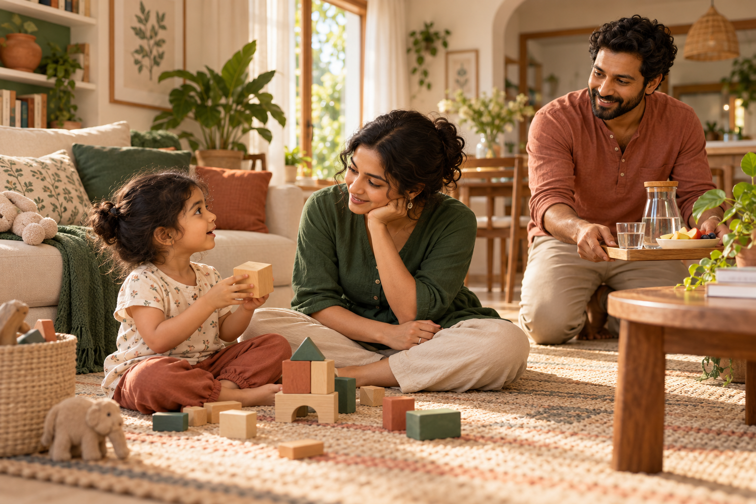 AI-created illustration of a parent listening to a child while another caregiver brings water and fruit.