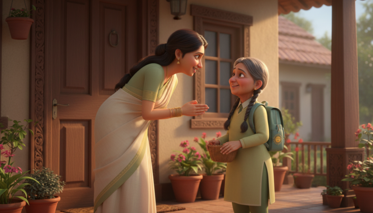 Illustration of a girl watching her mother greet a neighbour kindly