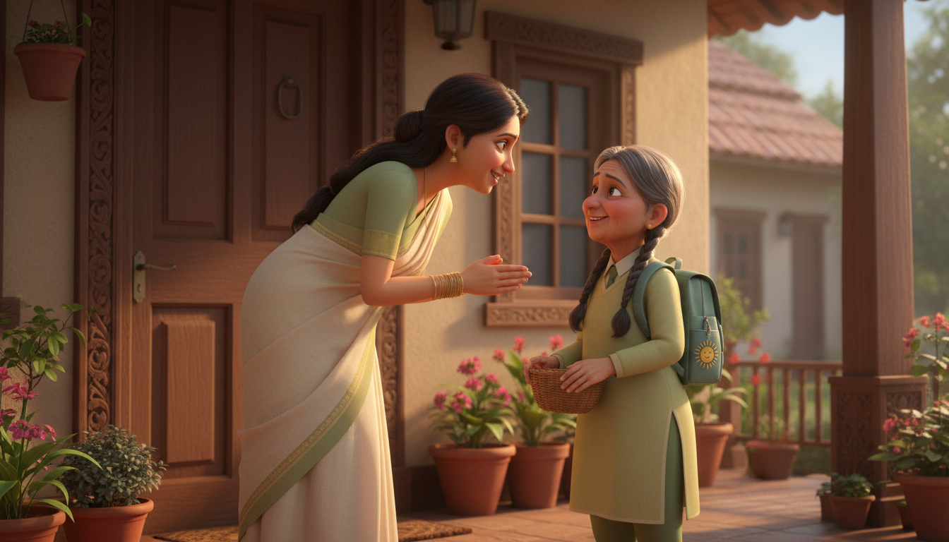 Illustration of a girl watching her mother greet a neighbour kindly