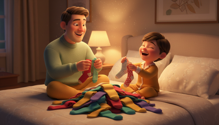 Illustration of a parent and child sorting colourful socks into pairs