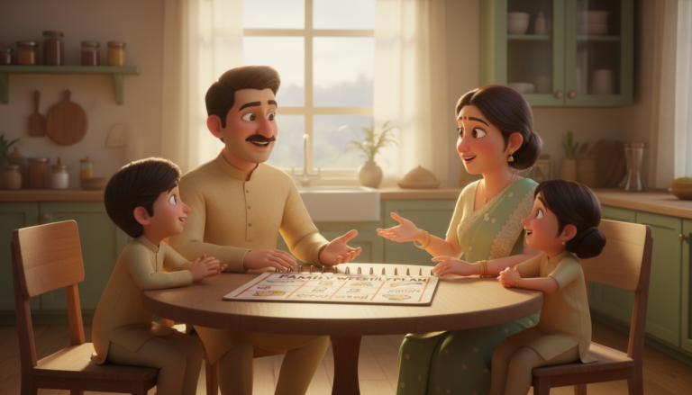 Illustration of a family talking together around a table on a Sunday