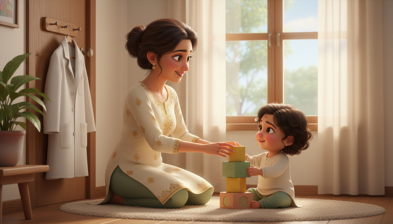 Illustration of a mother hanging up her lab coat while her toddler plays nearby
