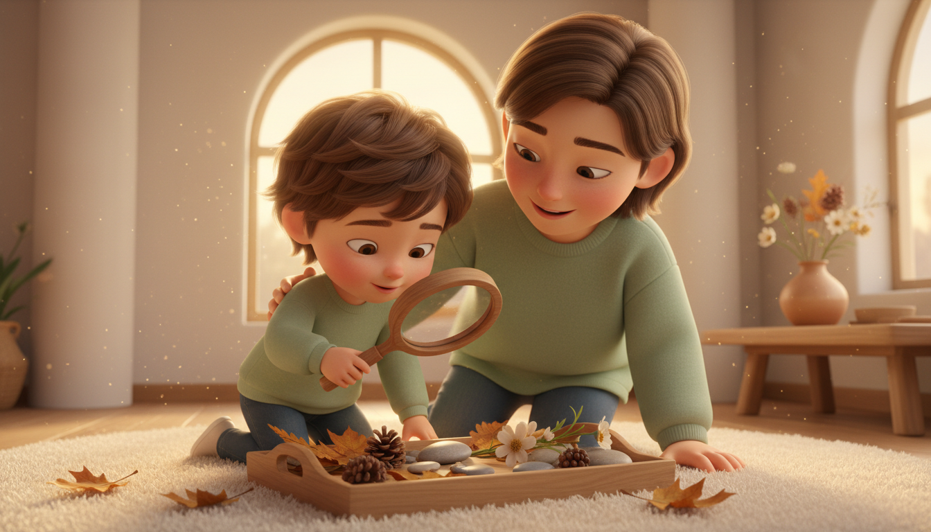 Illustration of a child exploring a tray of leaves and stones with a magnifying glass