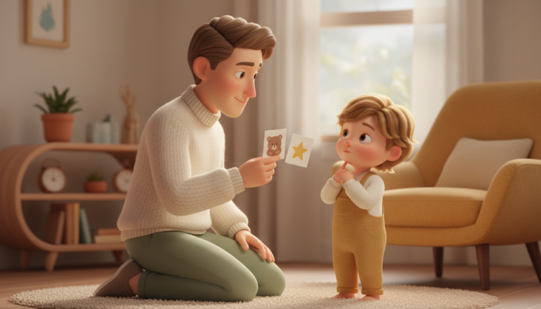 Illustration of a parent kneeling to offer a child two choices