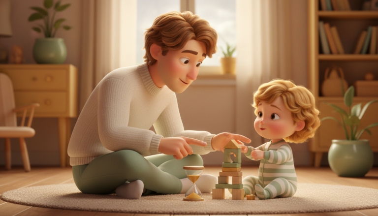 Illustration of a parent giving a child gentle warning before playtime ends