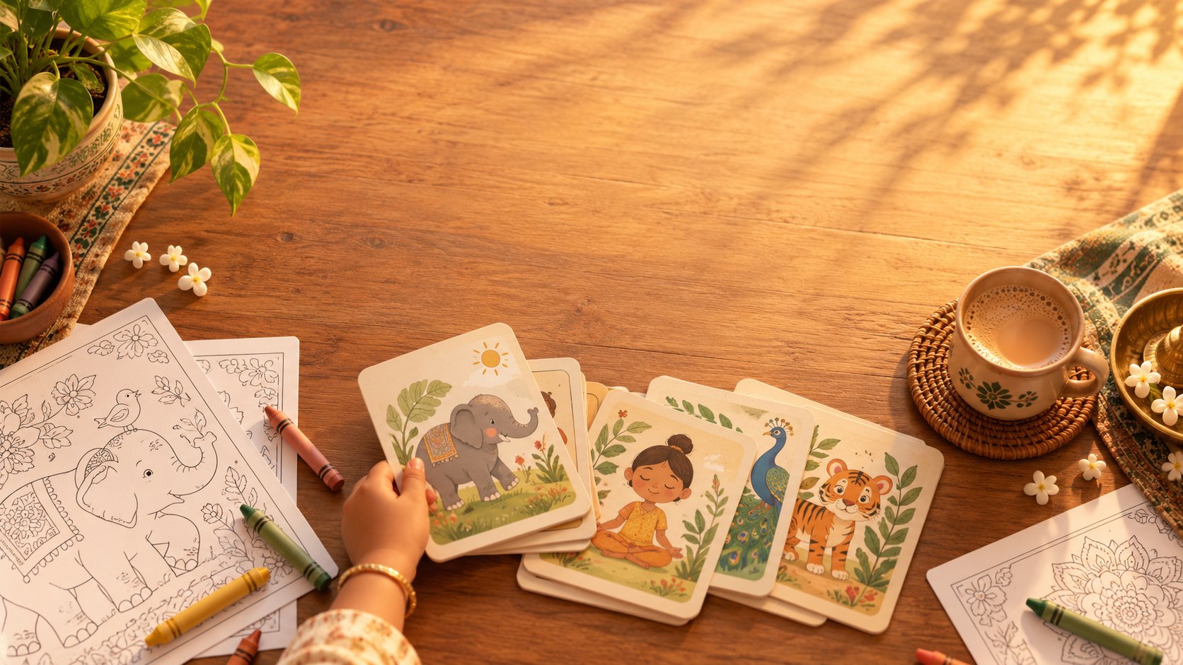 Illustrated activity cards, colouring pages and crayons on a wooden table, with a child's hand picking a card