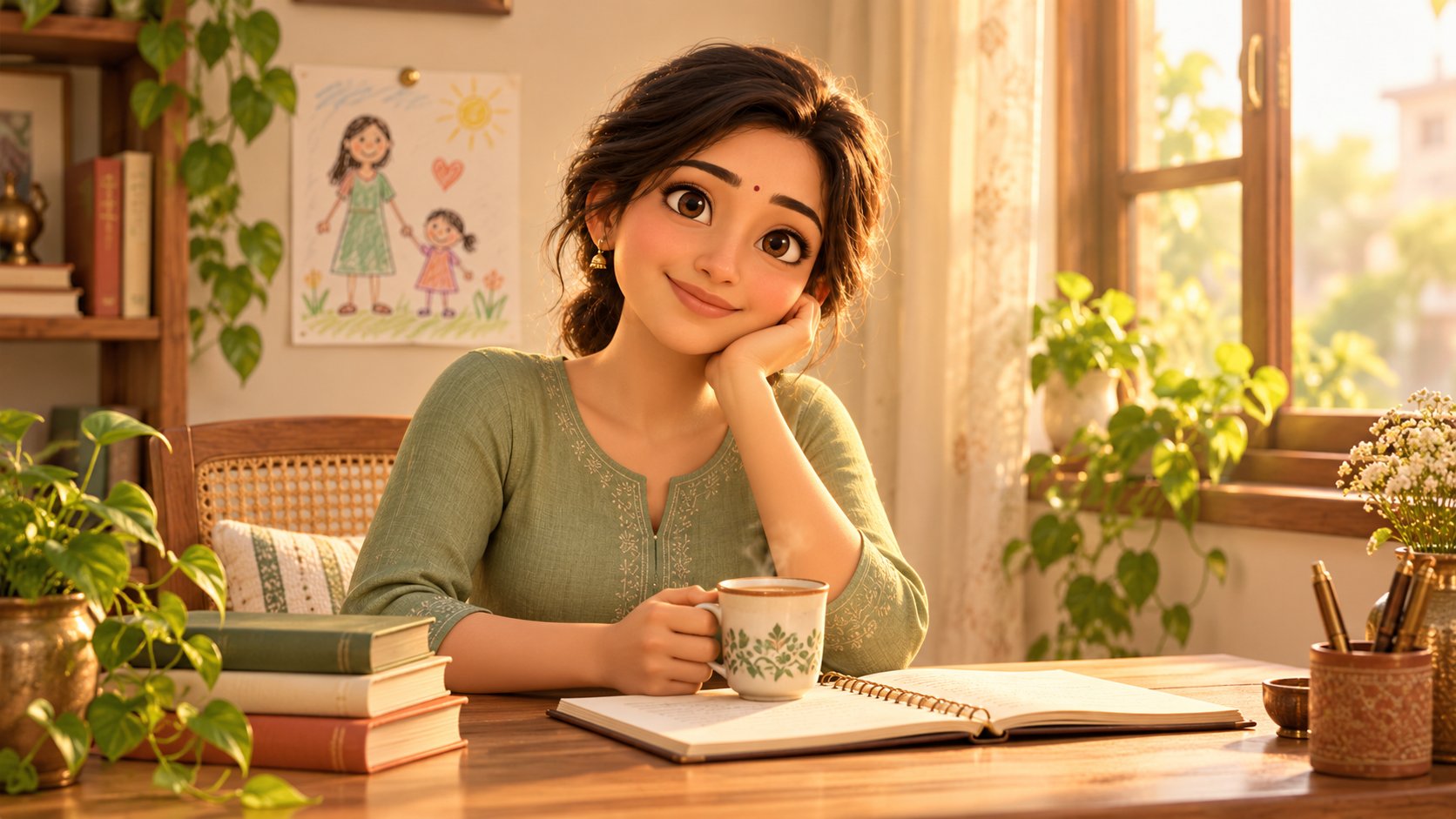 Illustration of a smiling mother at a wooden desk with a cup of chai, books and a child's drawing on the wall
