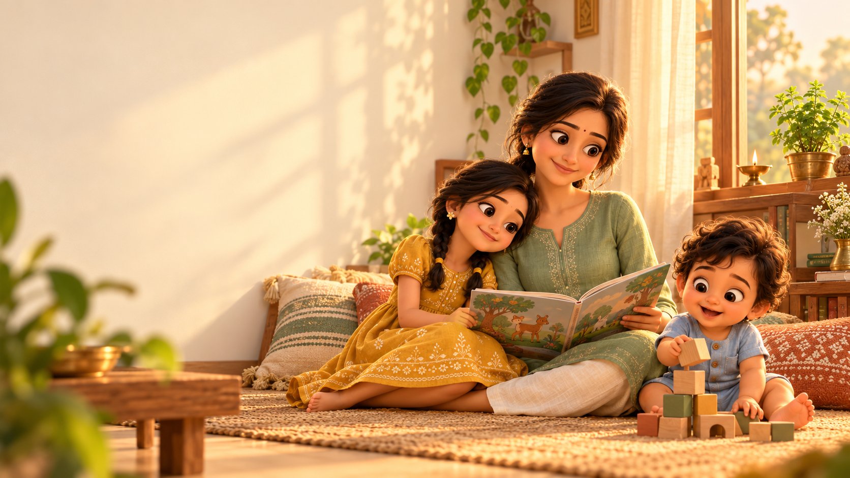 Illustration of a daughter leaning on her mother as they read a picture book, with a baby boy building blocks beside them