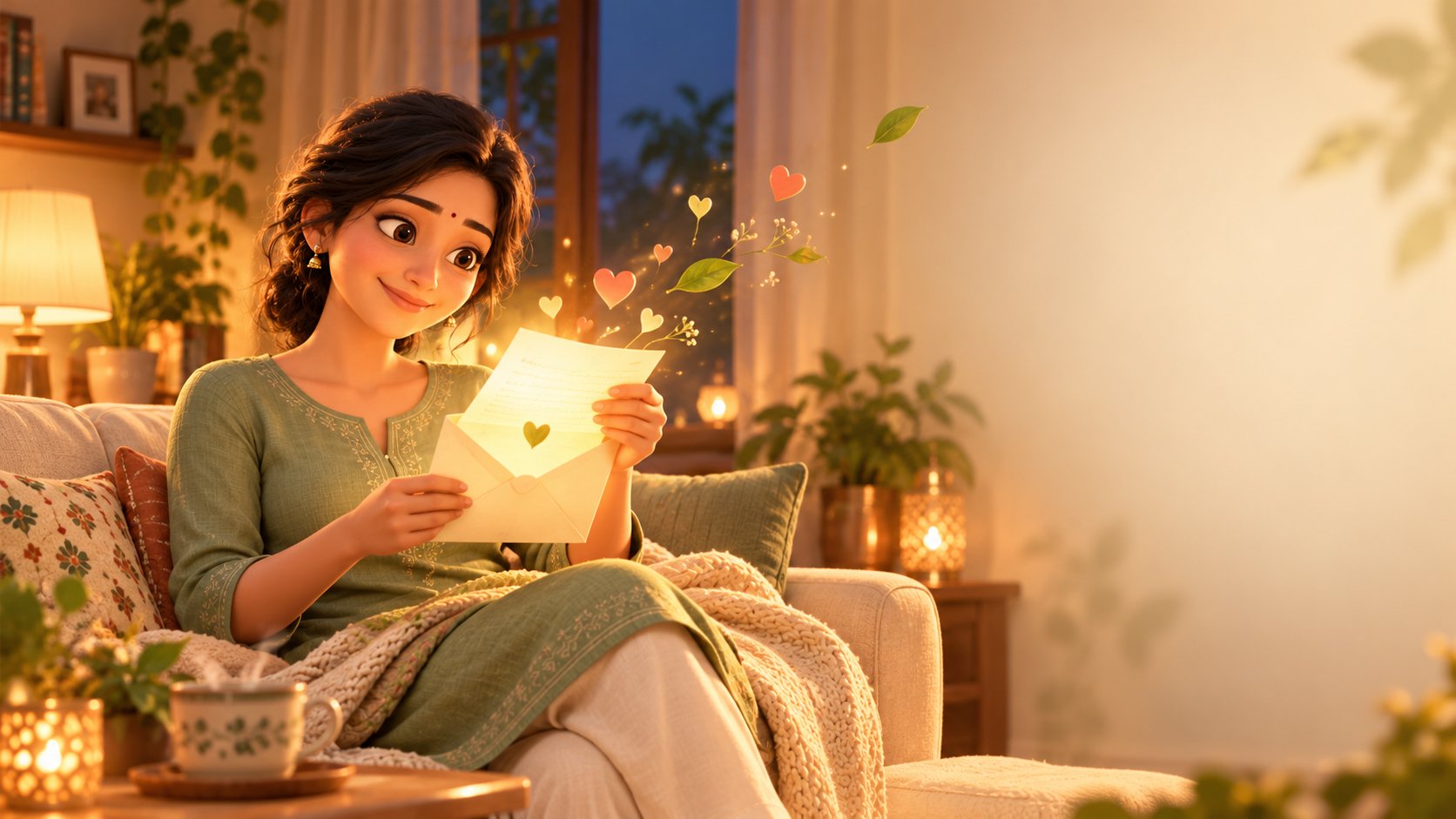 Illustration of a mother on a cosy sofa reading a glowing letter with small hearts and leaves floating out