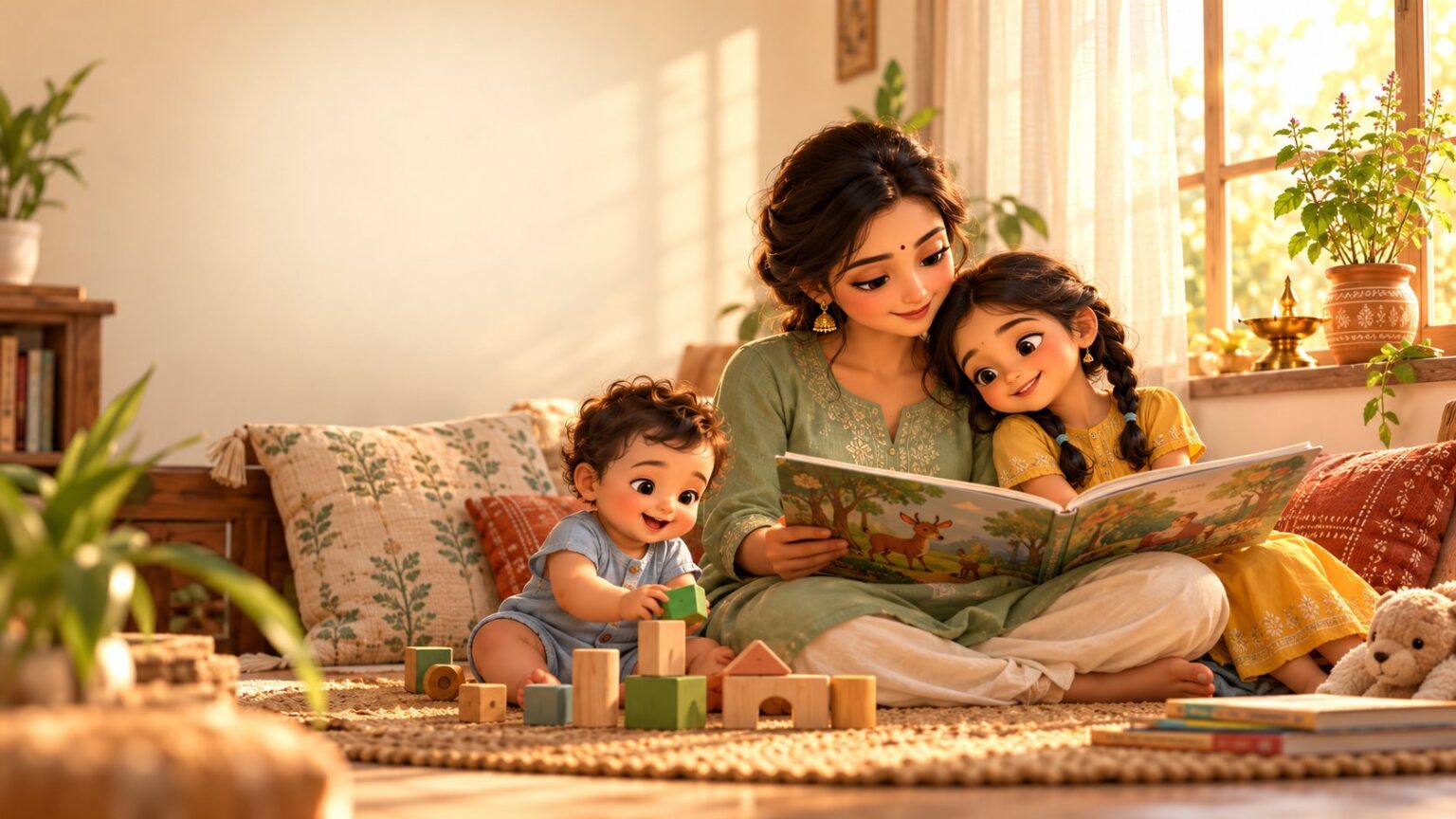 Illustration of a mother reading a picture book with her daughter and baby son in a sunlit living room