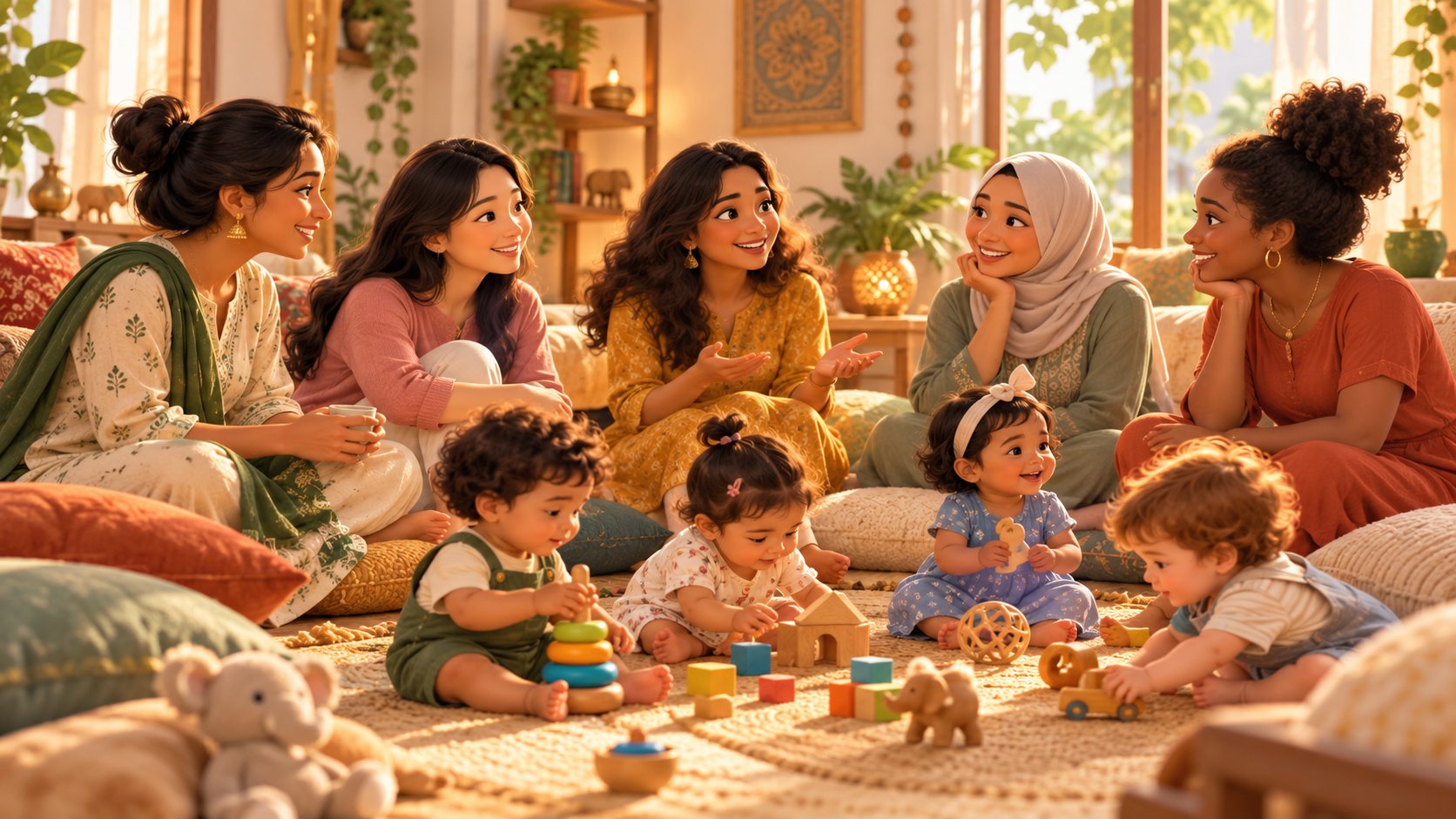 Illustration of mothers from different backgrounds talking together while their toddlers play on a rug
